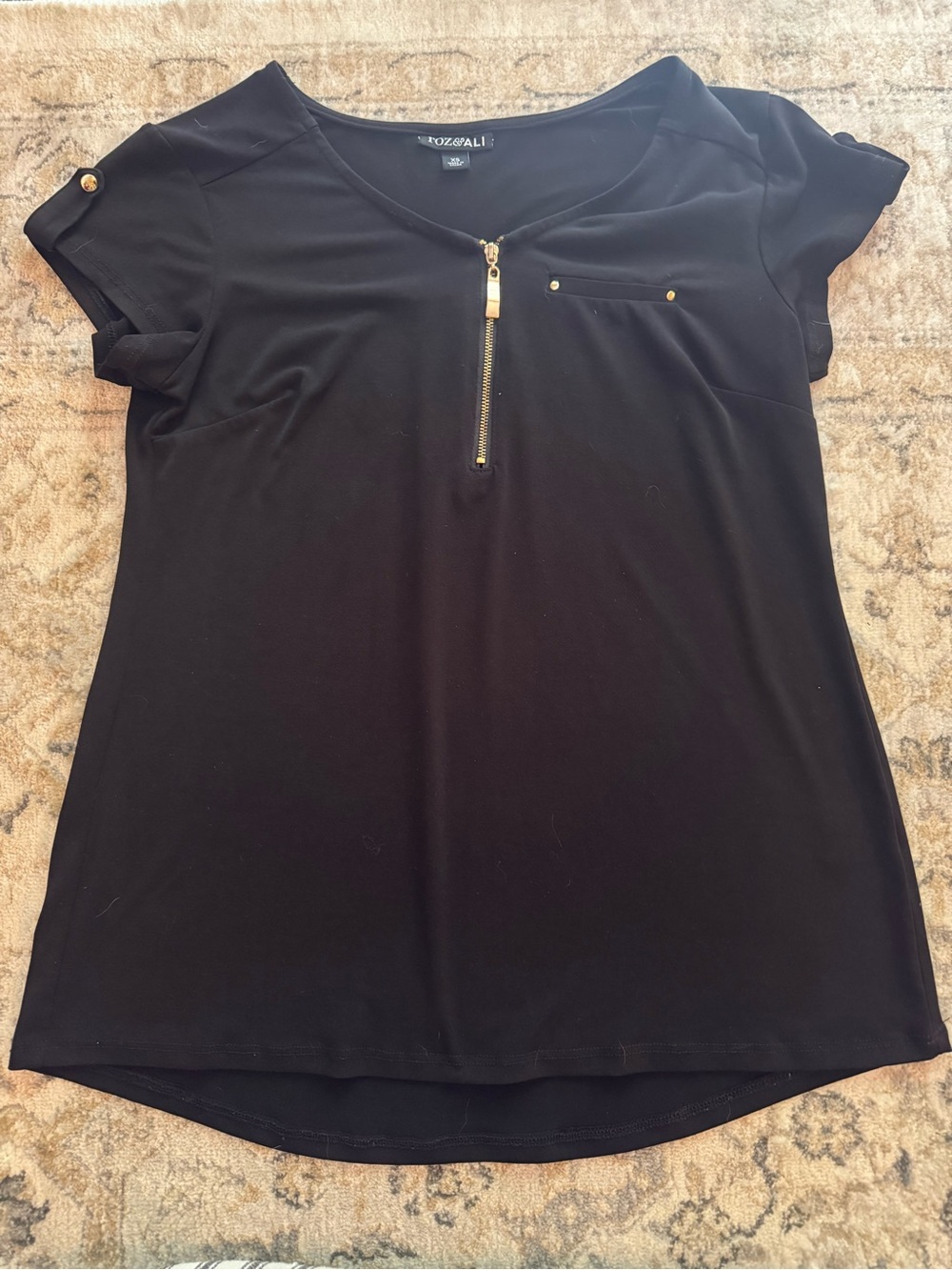Black Short Sleeve Zip Front Top